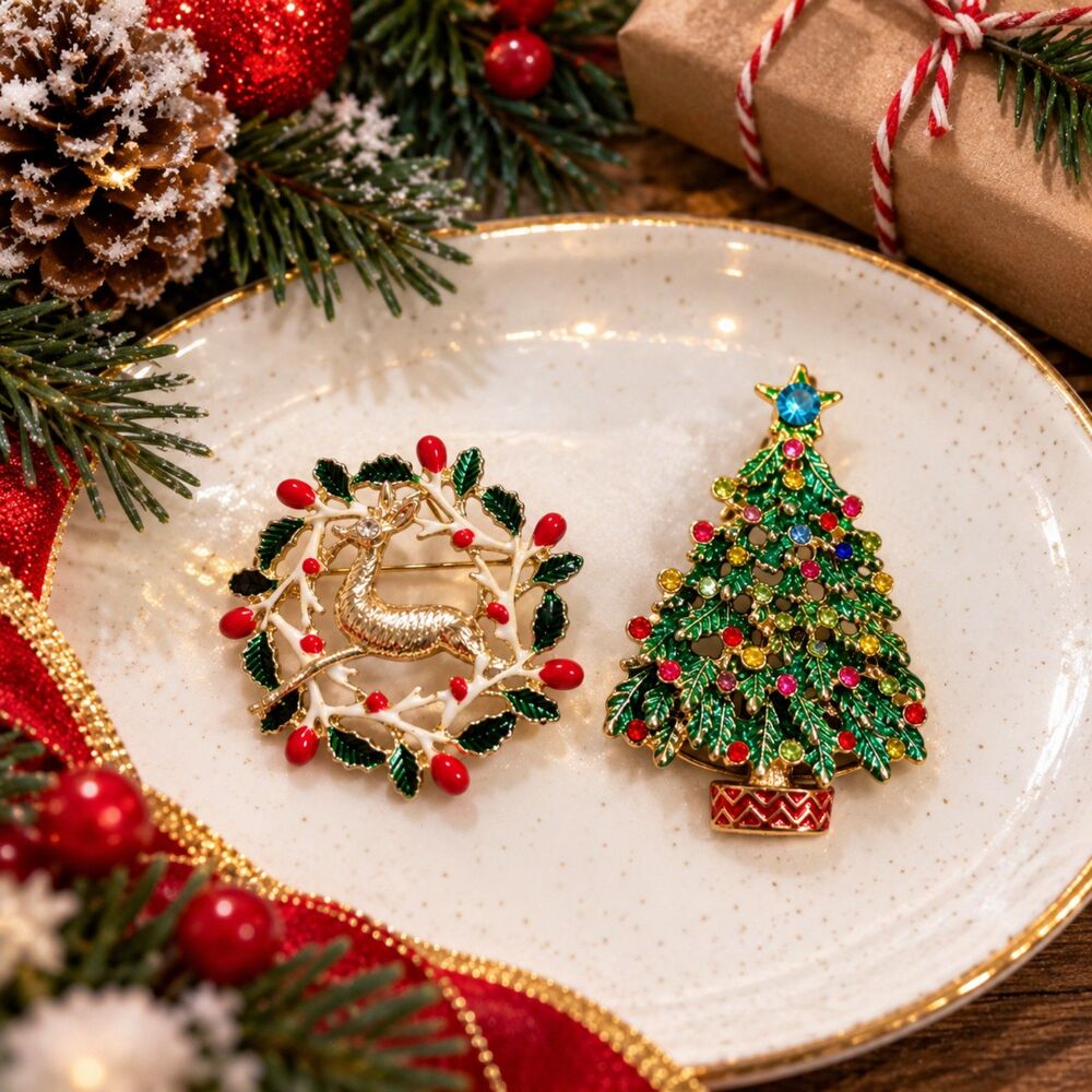 Vintage Style Christmas Brooch Lot Reindeer Wreath Rhinestone Tree Holiday Pins